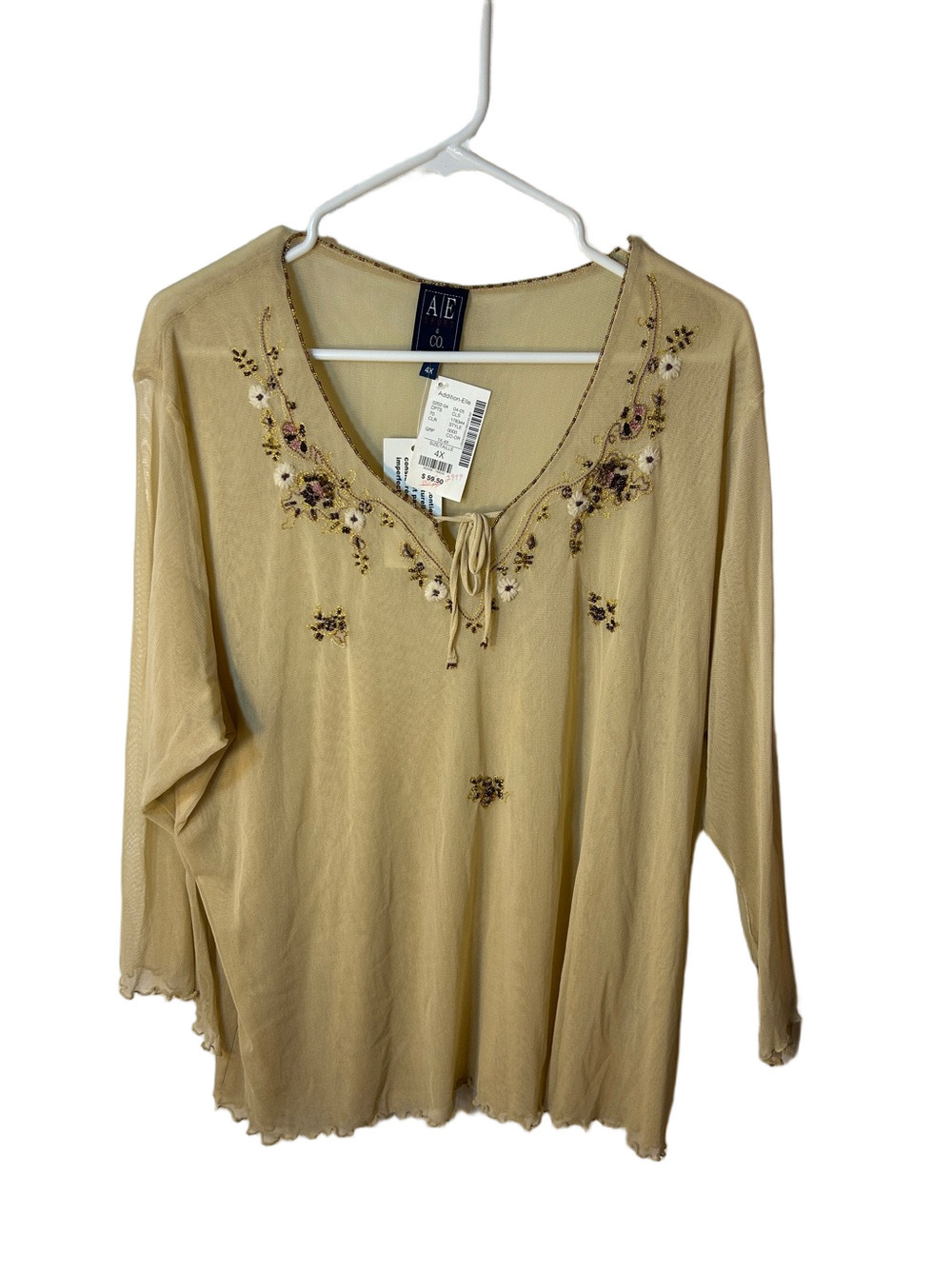 Addition Elle Embroidered Floral Beaded Tie-Neck Boho Sheer in Light Tan 4X